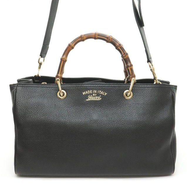 Gucci Bamboo Medium Leather Tote Bag 2-Way Shoulder Bag Black
