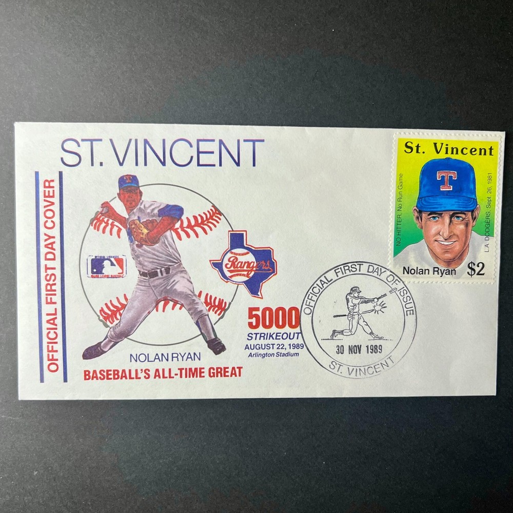 1989 St. Vincent Scott #1276 Official FDC, 11/30/1989, Nolan Ryan, Texas Rangers