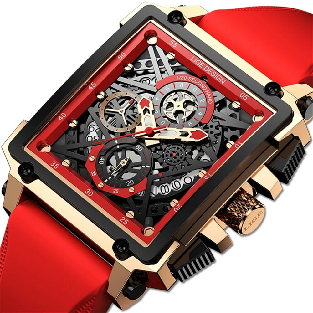 LIGE Mens Sport Quartz Watch with Red Rubber Strap