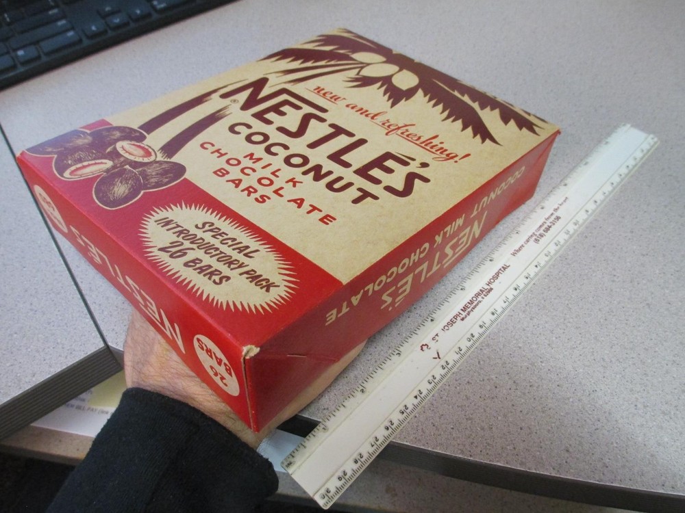 1950s Nestles Coconut Candy Box Display with Chocolate Bar and Palm Tree Design