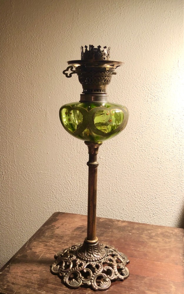 Antique AS-IS, Victorian-Art Nouveau Oil Lamp Green Glass Hugo Schneider Burner