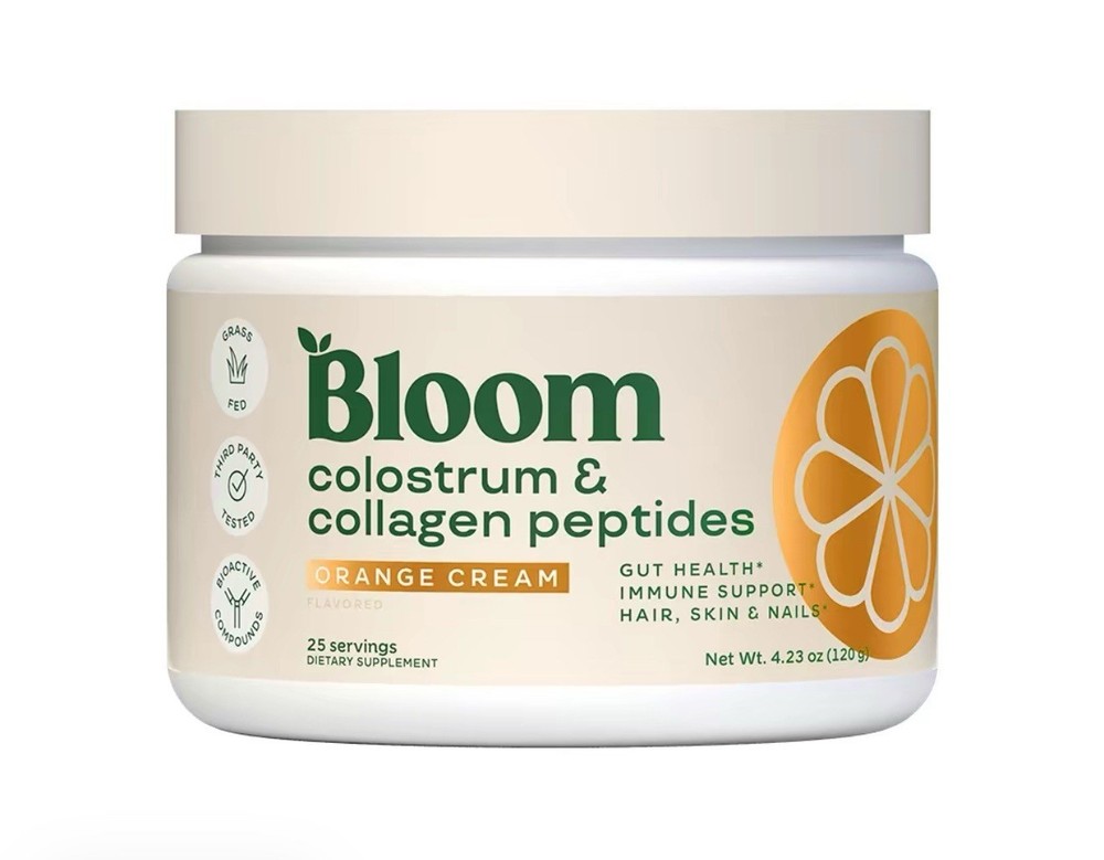 Grass-Fed Bloom Nutrition Colostrum Collagen Peptides Protein Powder Orange Flavor  