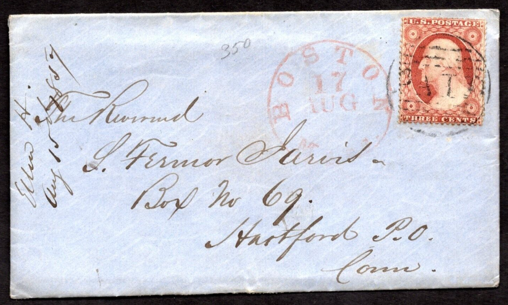 US 1857 SCOTT #25 TYPE I TIED BOSTON, MASS. IN RED TO HARTFORD, CONN.