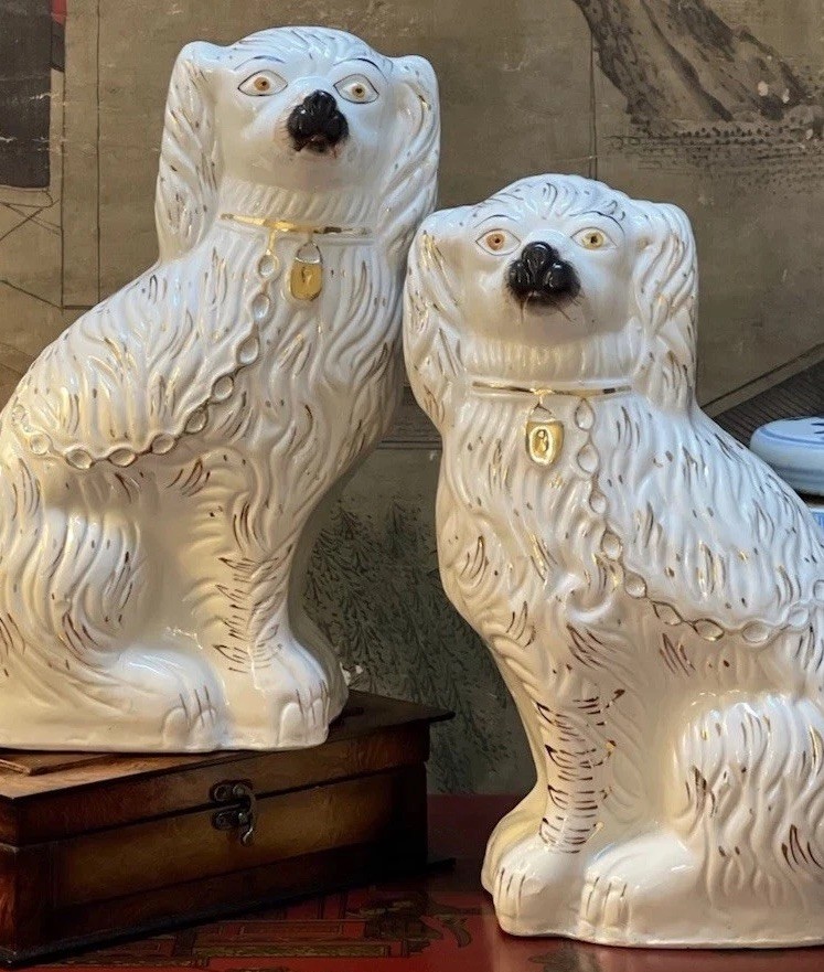 Enormous Rare 19C White English Staffordshire Spaniel Mantle Hearth Dog Pair 15”