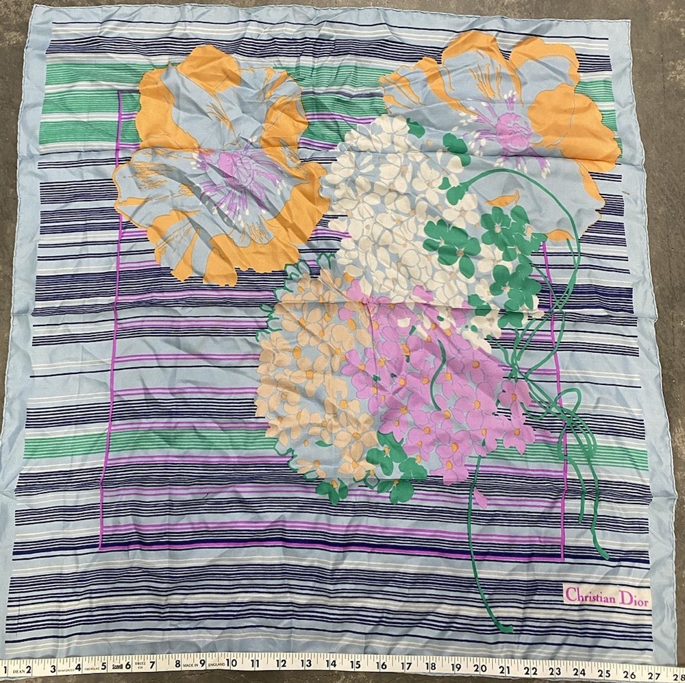 Vintage Christian Dior Silk Scarf Floral Print Multi Color Square 100% Silk