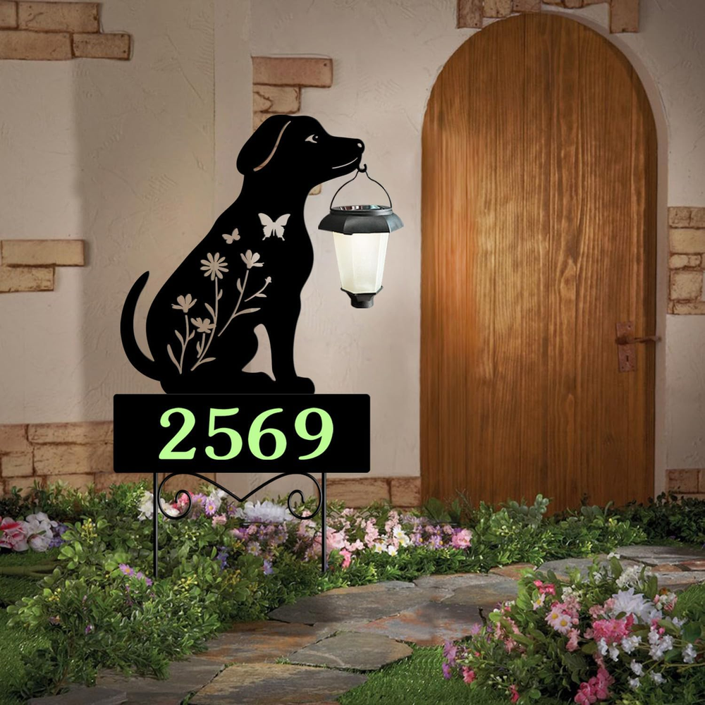 House Numbers for Outside, Solar Powered Metal Black Dog Silhouette Garden Stake