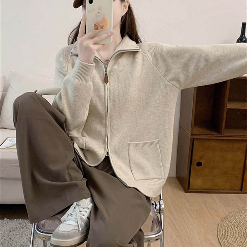 Korean Winter Sweater Coat Women's Zipper Sweater Jacket Tops Knitted Cardigans