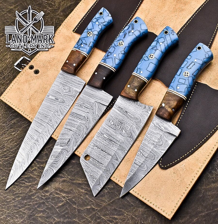 4-Piece Custom Damascus Steel Chef Knife Set with Sky Resin Handle