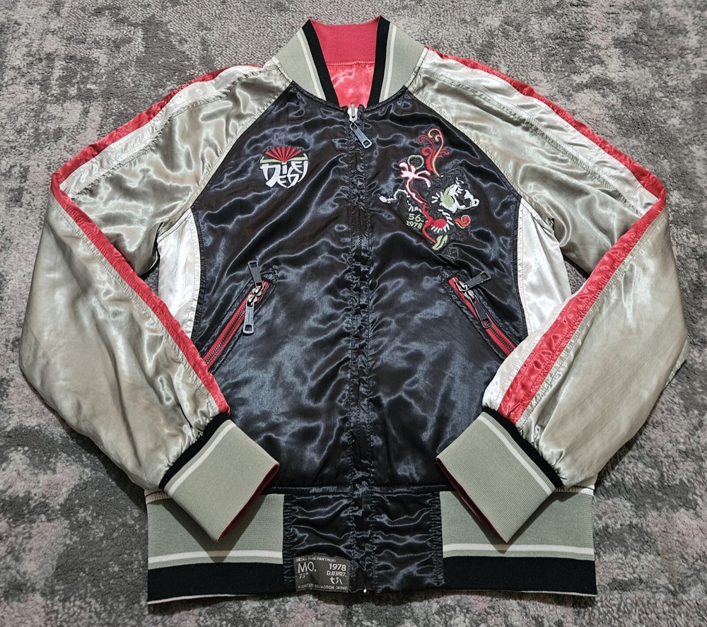 Men’s Diesel Reversible Satin Embossed Jacket Vintage Black Green Red Medium