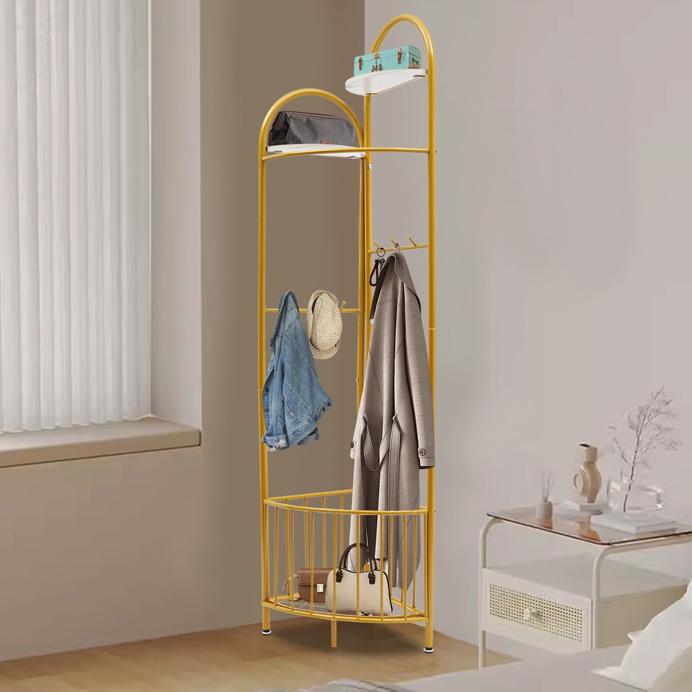 Multifunctional Corner Coat Rack with Storage Basket for Hats & Clothes