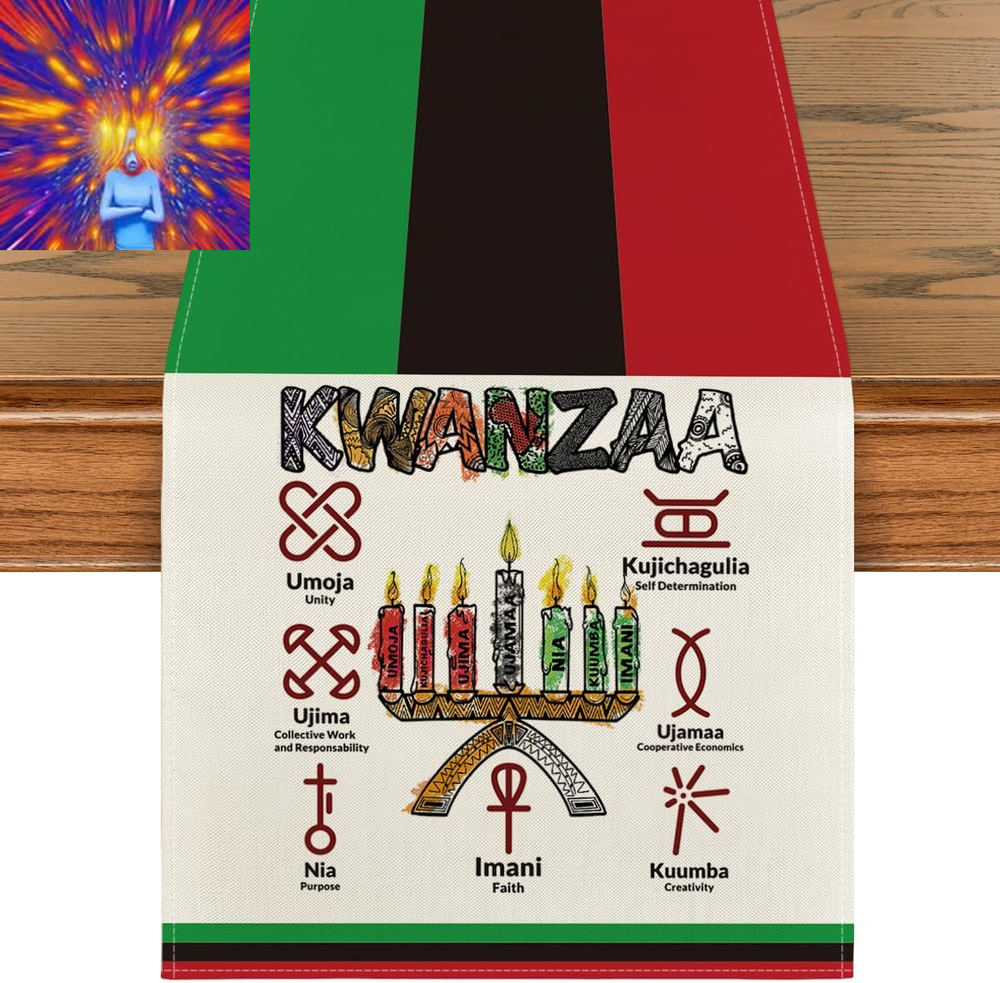 Green Black Red Kinara Candles Seven Principles Kwanzaa Table Runner, African He