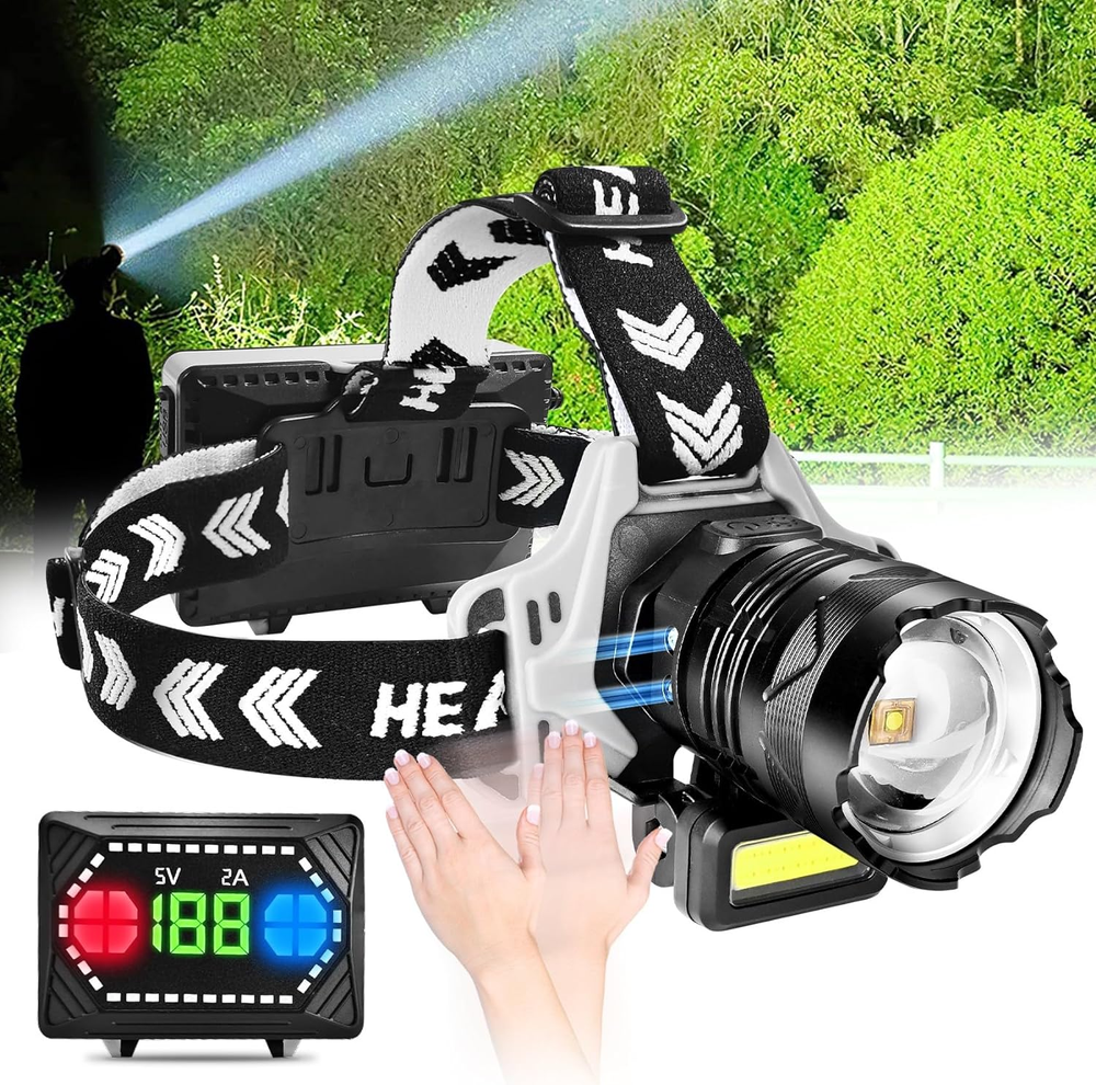 180 Adjustable LED Headlamp, 150000 Lumens, USB Rechargeable, Zoomable, Waterpro
