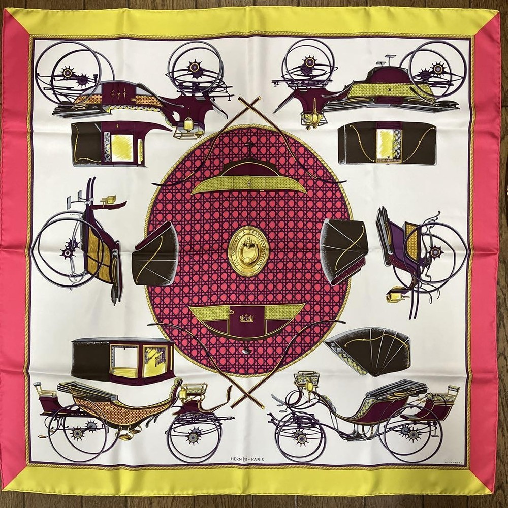 Vintage Hermes Carre 90 Les Voitures A Transformation scarf in excellent condition