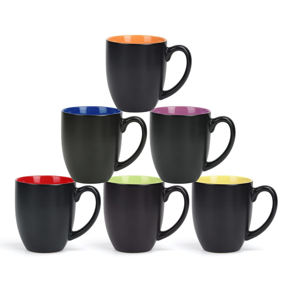 16 OZ Stoneware Coffee Mug Set of 6, Black Ceramic Mug with Different Color I...