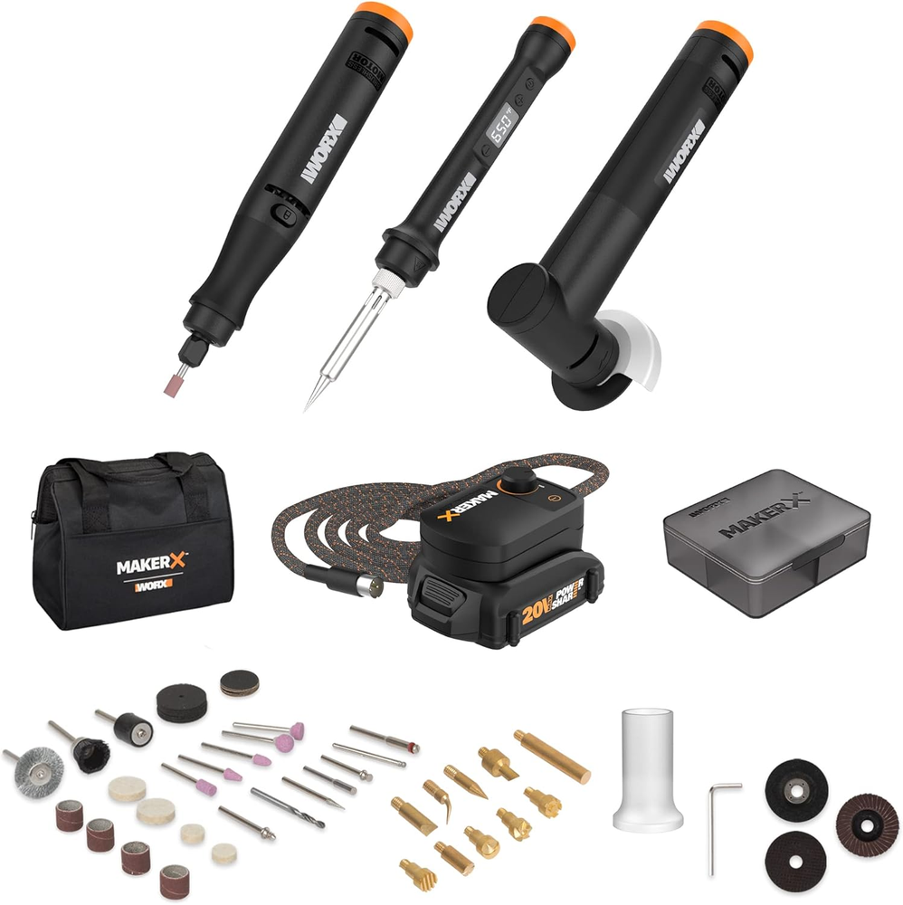 MAKERX WX991L 3-in-1 Crafting Kit with Rotary Tool Angle Grinder and Wood Carver
