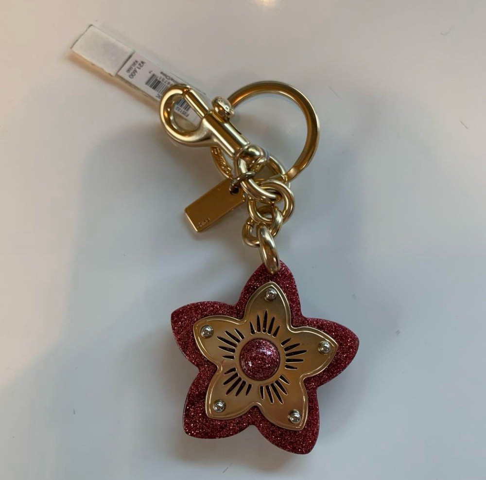 NWT Coach Red Glitter Resin Wild Flower Rose Charm Keychain
