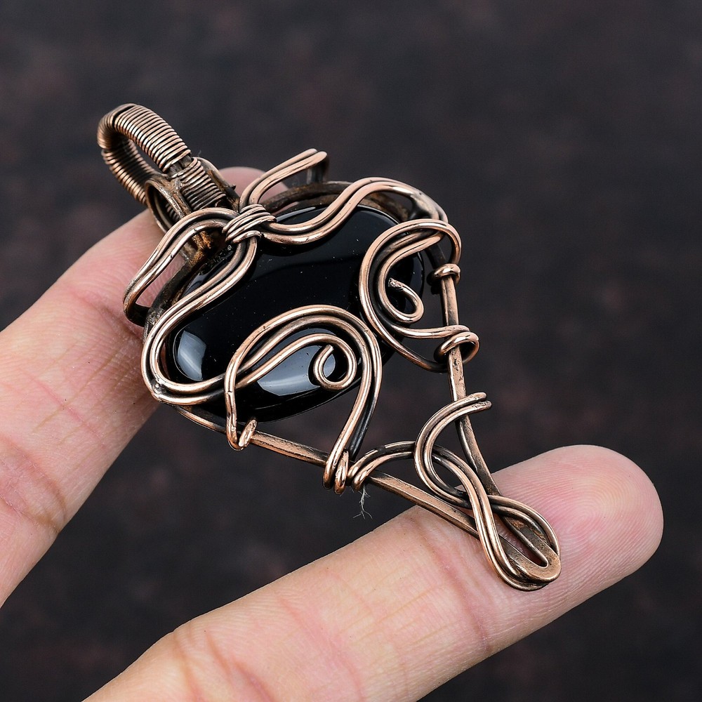 Black Onyx Copper Wire-Wrapped Handmade Pendant – Mother's Day Sale-image
