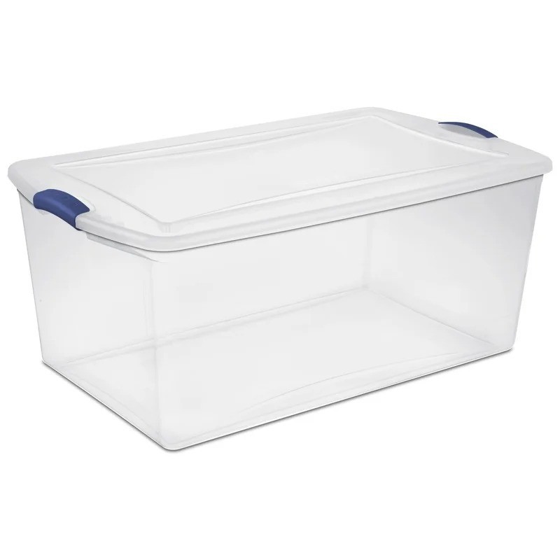 105Qt Clear Storage Bin with Blue Base & Secure Latch Lid – Stackable Organizer