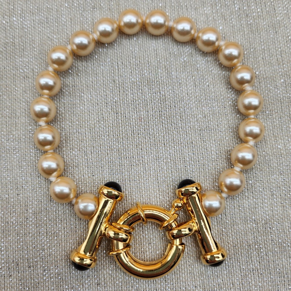 Vintage Joan Rivers Signed Faux Pearl Gold Tone Bracelet with Markings