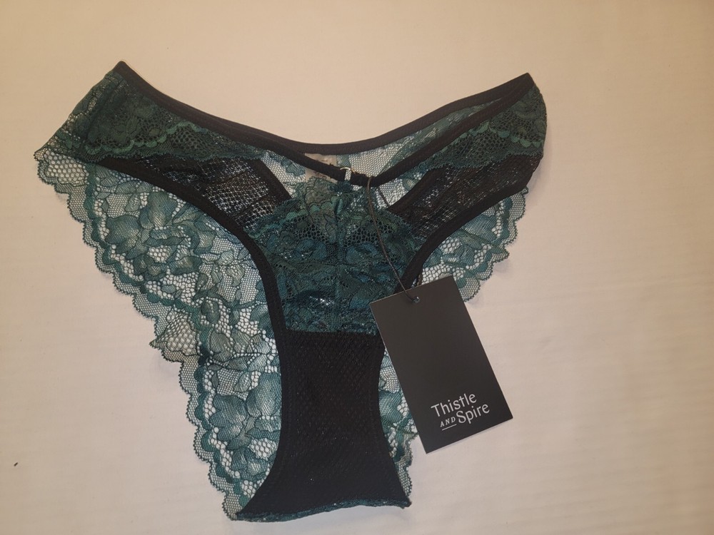 Thistle And Spire Green Black Sexy Underwear Floral Lace Size S High Cut Briefs