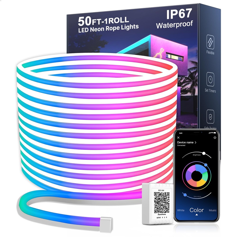 50FT Neon LED Rope Lights IP67 Waterproof LED Lights for Bedroom Flexible LED...