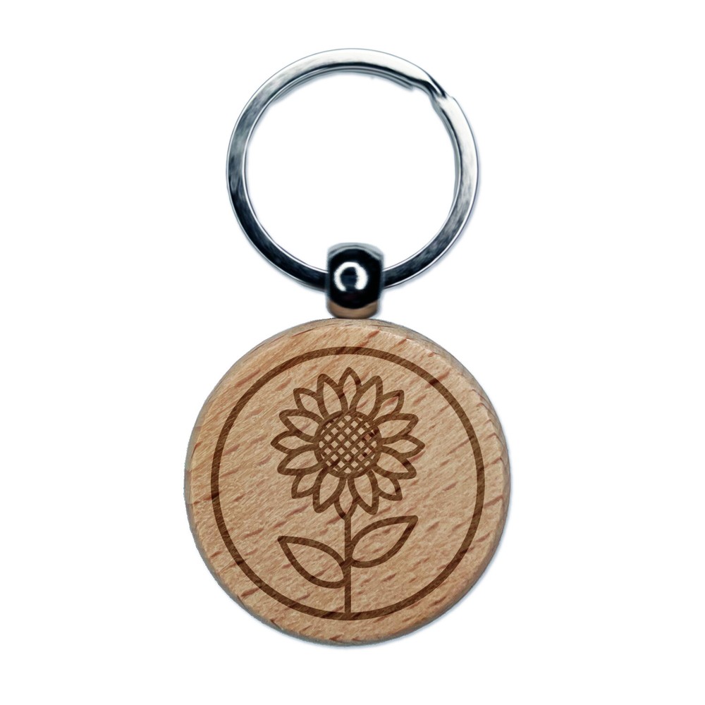 Sunflower in Circle Engraved Wood Round Keychain Tag Charm