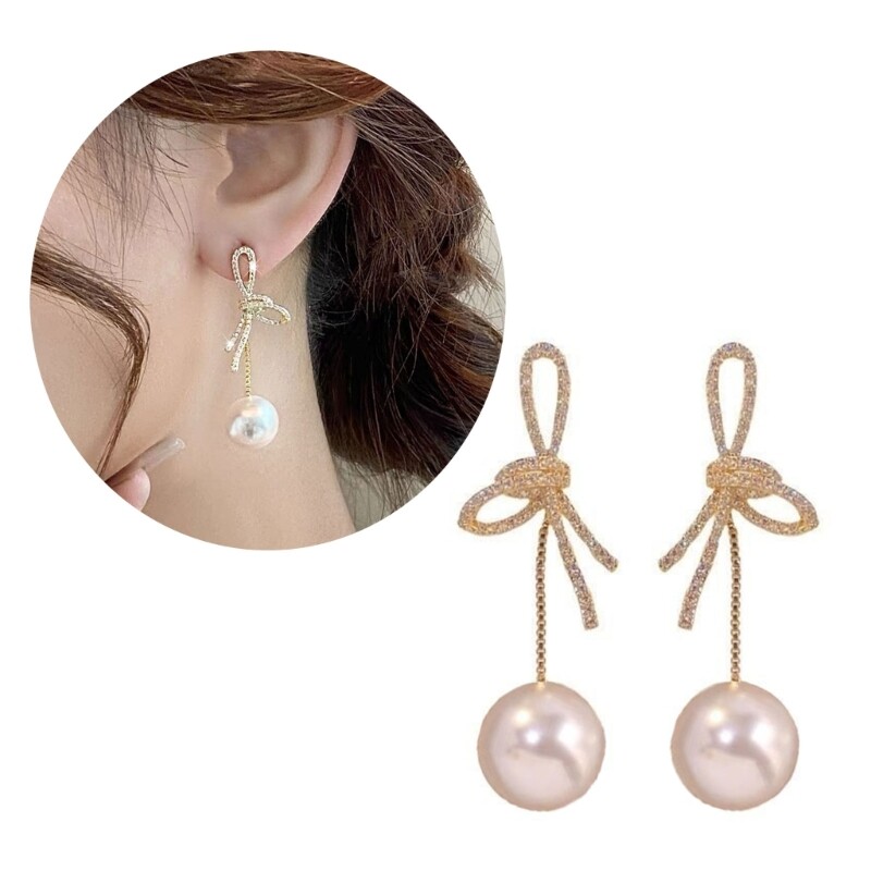 Stylish Bowknot Drop Earrings Elegant Pearl Pendant Earring Wedding Jewelry