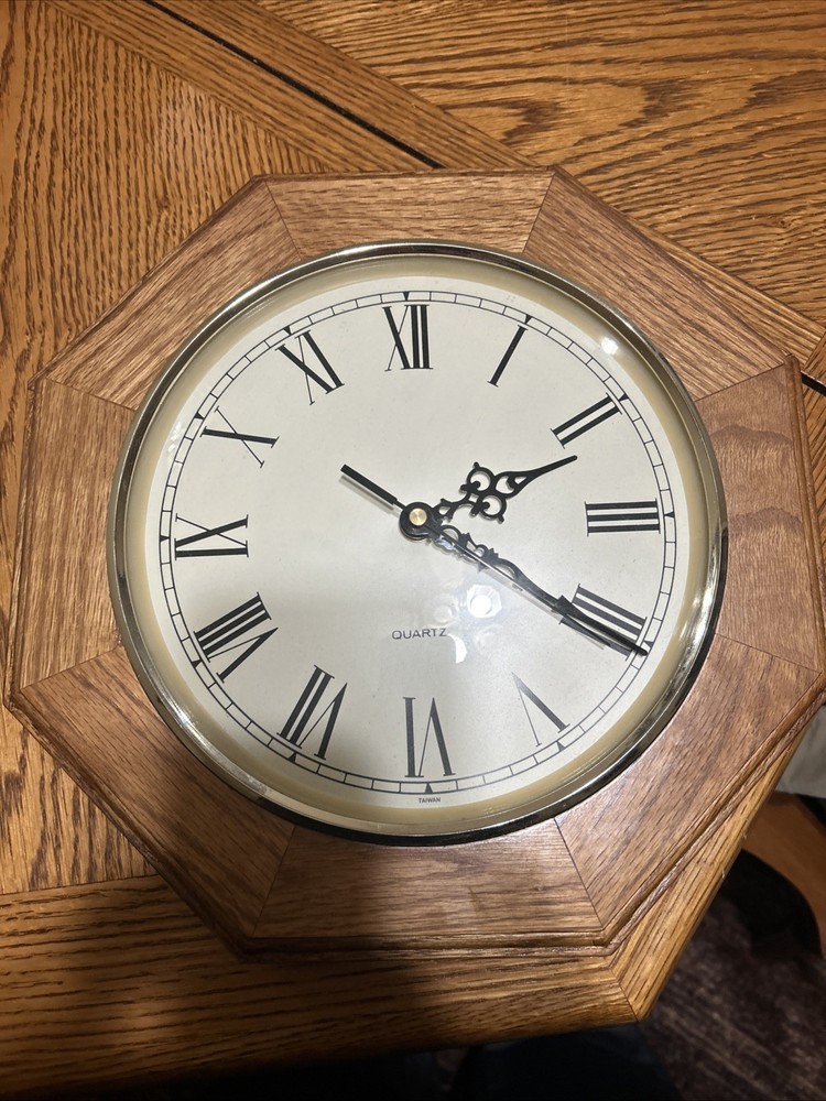 Vintage Octagon Wood Wall Clock – Roman Numerals – Quartz Movement –