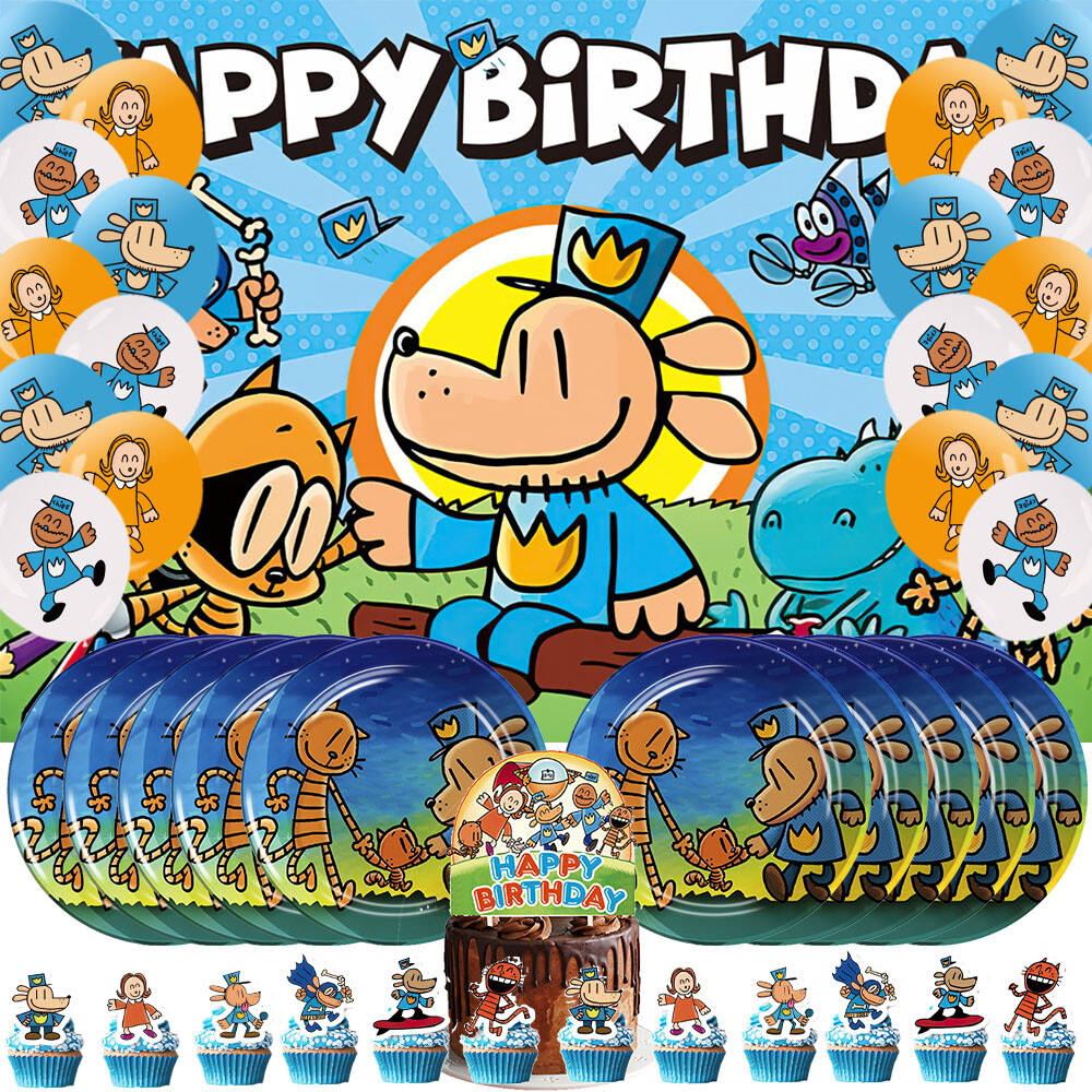 Dog Man Birthday Party Supplies Set with Plates, Balloons, Banner & Cake Toppers