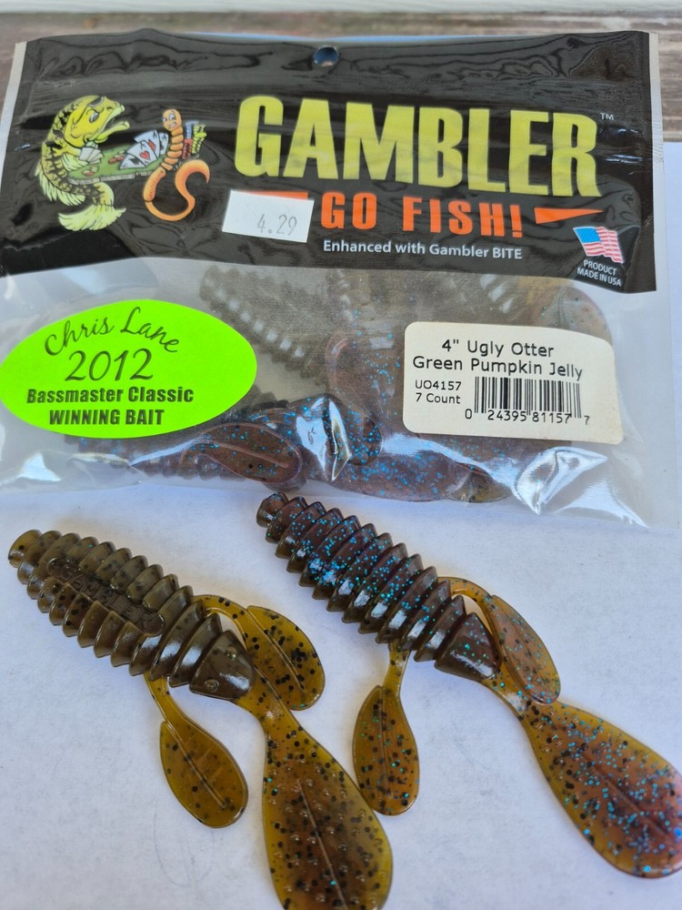 Gambler Ugly Otter 4 inch Soft Plastic Creature 7pk Green Pumkin Jelly