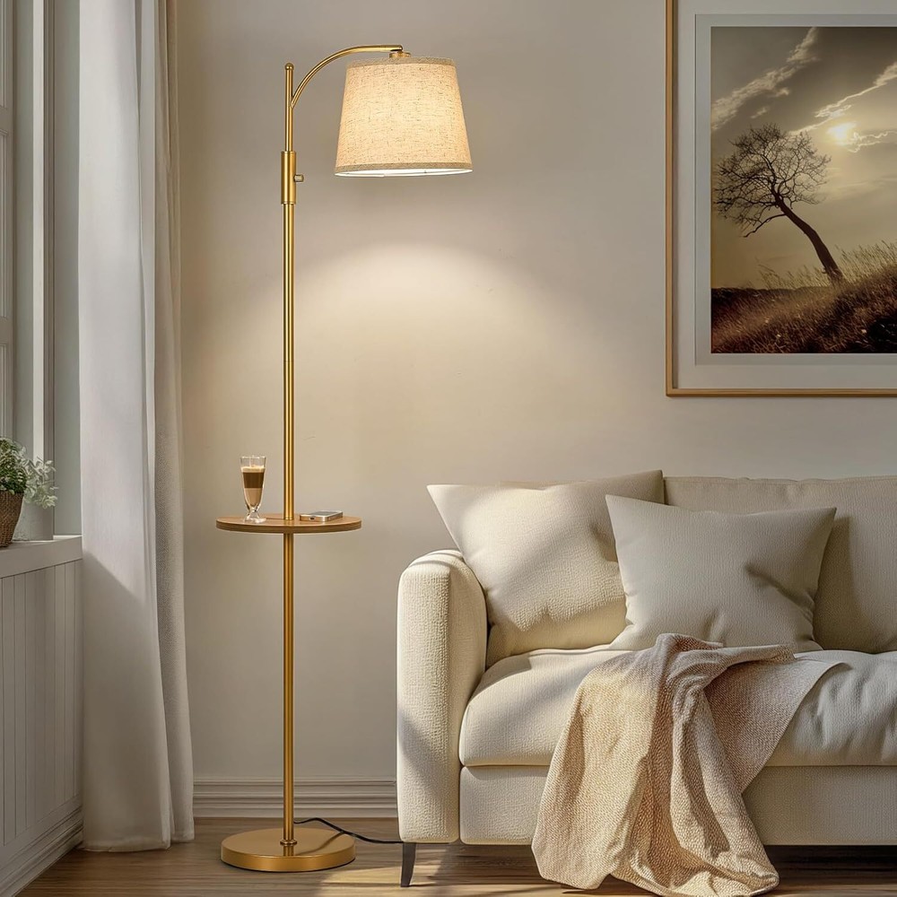 Modern LED Floor Lamp with Burlap Shade & Built-in Side Table - Fully Dimmable 9W Bulb