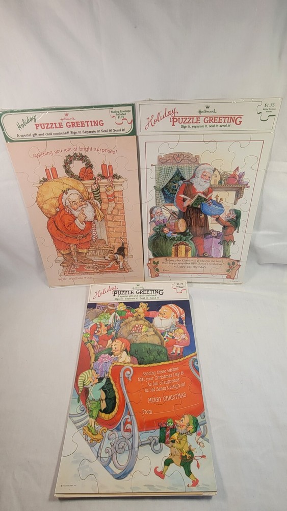 Vintage Hallmark Holiday Puzzle Greeting Card Set Of 3 Sealed Christmas Santa