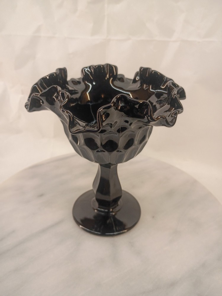 Vintage Black Glass Thumbprint Ruffled Edge Pedestal Compote Candy Dish.