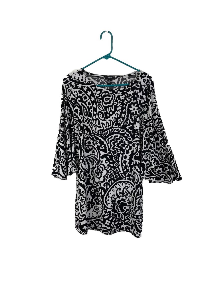 Alfani Womens Black White Paisley Bell Sleeve Pullover Shift Dress Size Medium