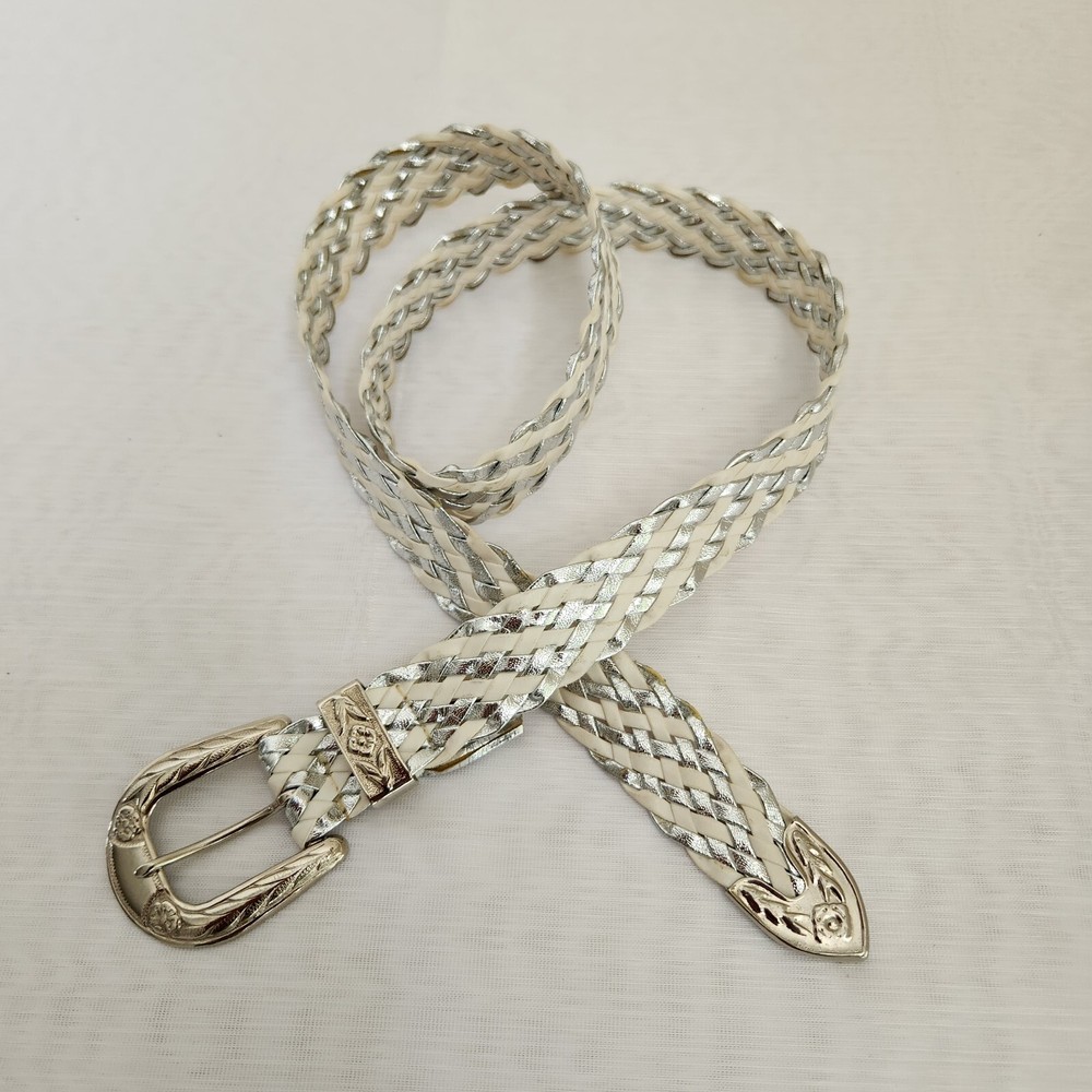 Belt Women 37.5 inches White Silver Metallic Braided Silver Floral Ornate Buckle