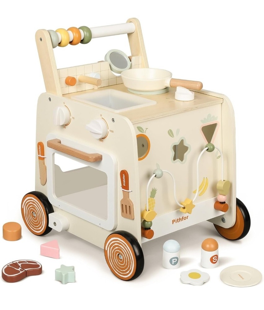 Wooden Baby Walker, 3-in-1 Push with Pretend Kitchen,...