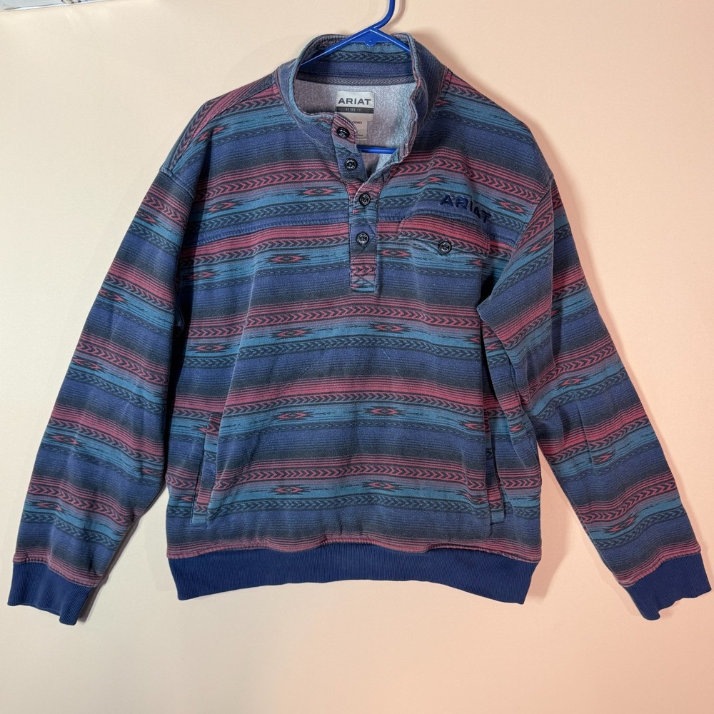 Ariat Aztec Print Pullover Fleece Anorak Sweater Blue Red Pullover Men's Large L