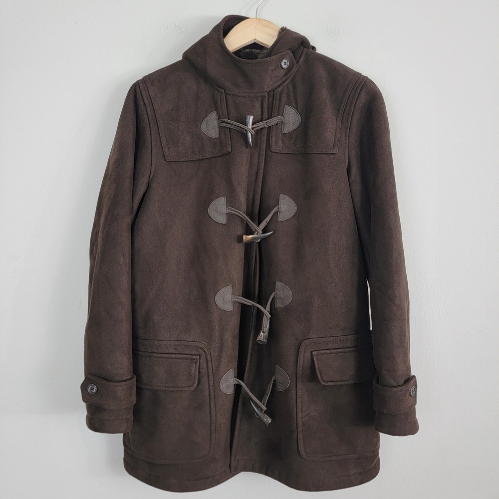 Chaps est 1978 Duffle Coat Womens Small Brown Faux Fur Suede Hooded Long Sleeve