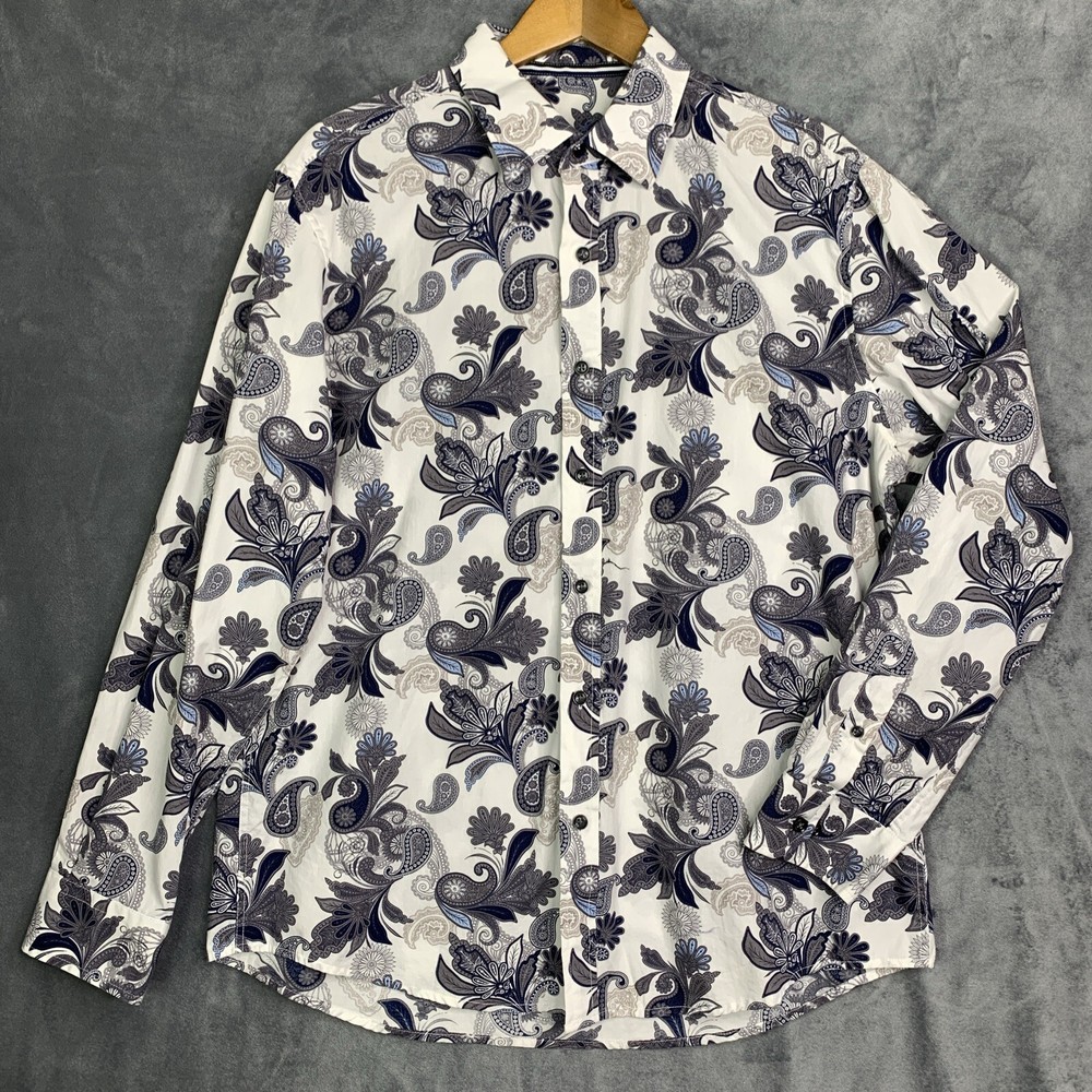 Tasso Elba Mens Paisley Print Button-Down Shirt Long Sleeve Cotton L 16-16 1/2