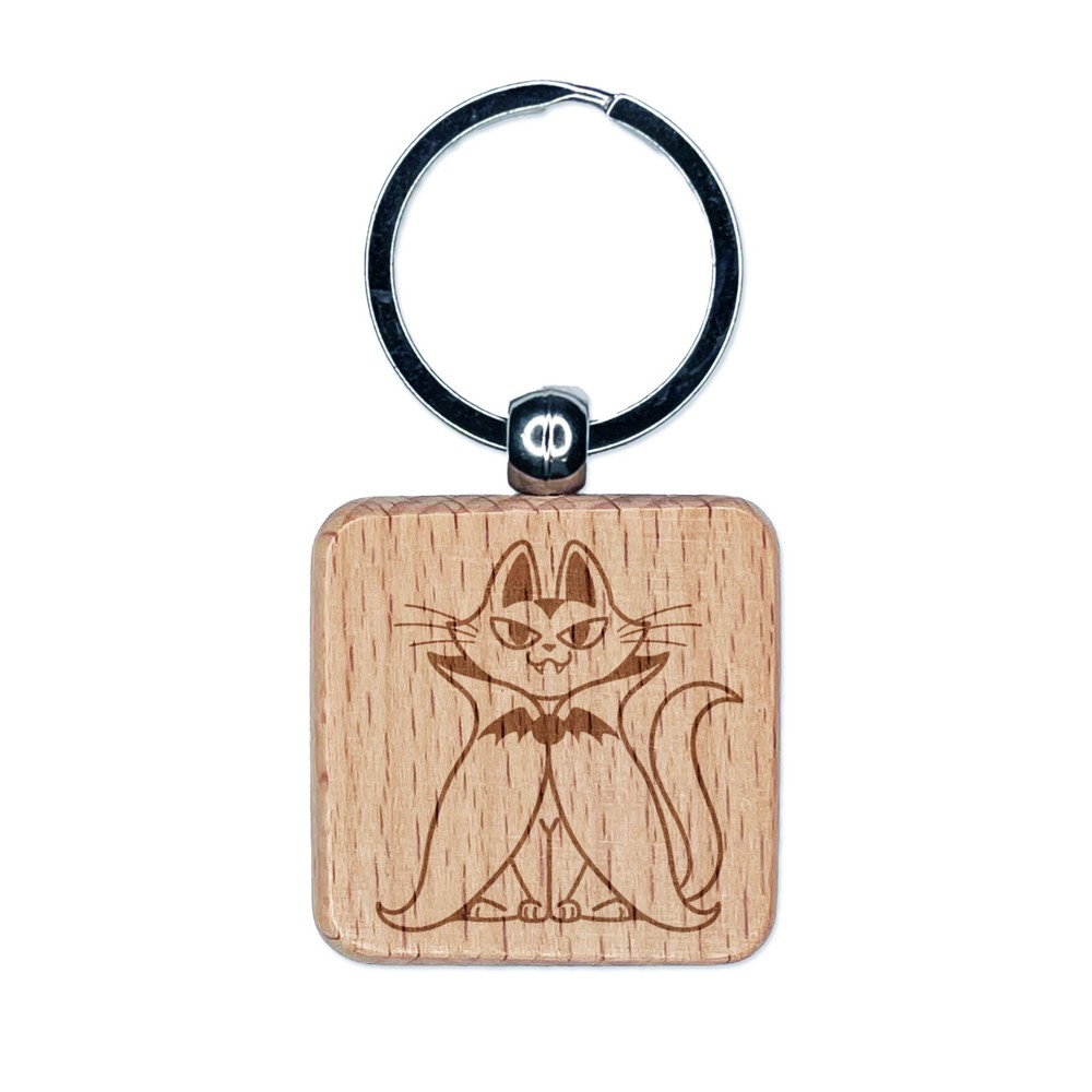 Vampire Cat Halloween Engraved Wood Square Keychain Tag Charm