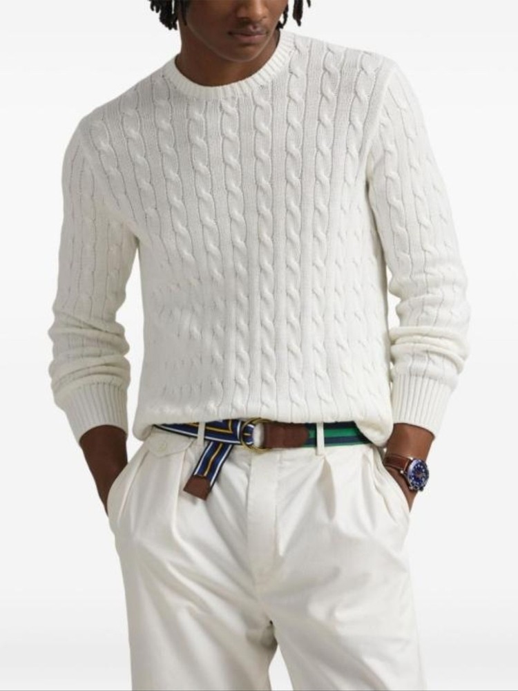 Polo Ralph Lauren Mens Cable-Knit Cotton Crewneck Sweater, White, XL, MSRP $268