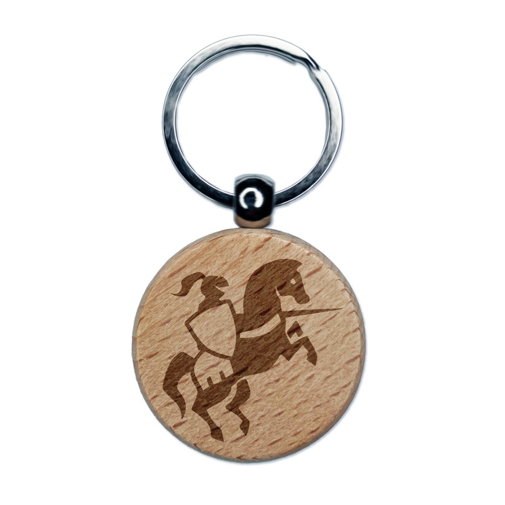 Jousting Knight with Lance on Horse Engraved Wood Round Keychain Tag Charm