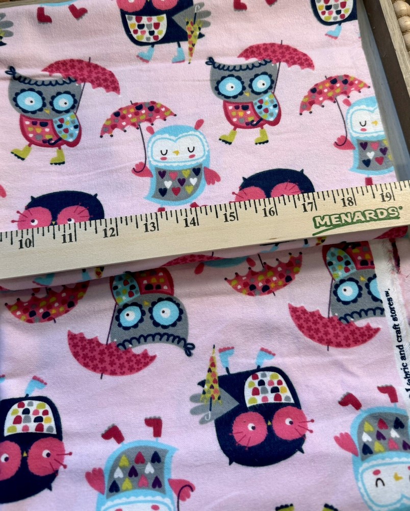 Owls Wearing Rain Boots and Holding Umbrellas Print Flannel Fabric by the Yard - Vintage Joann Out-of-Print Design