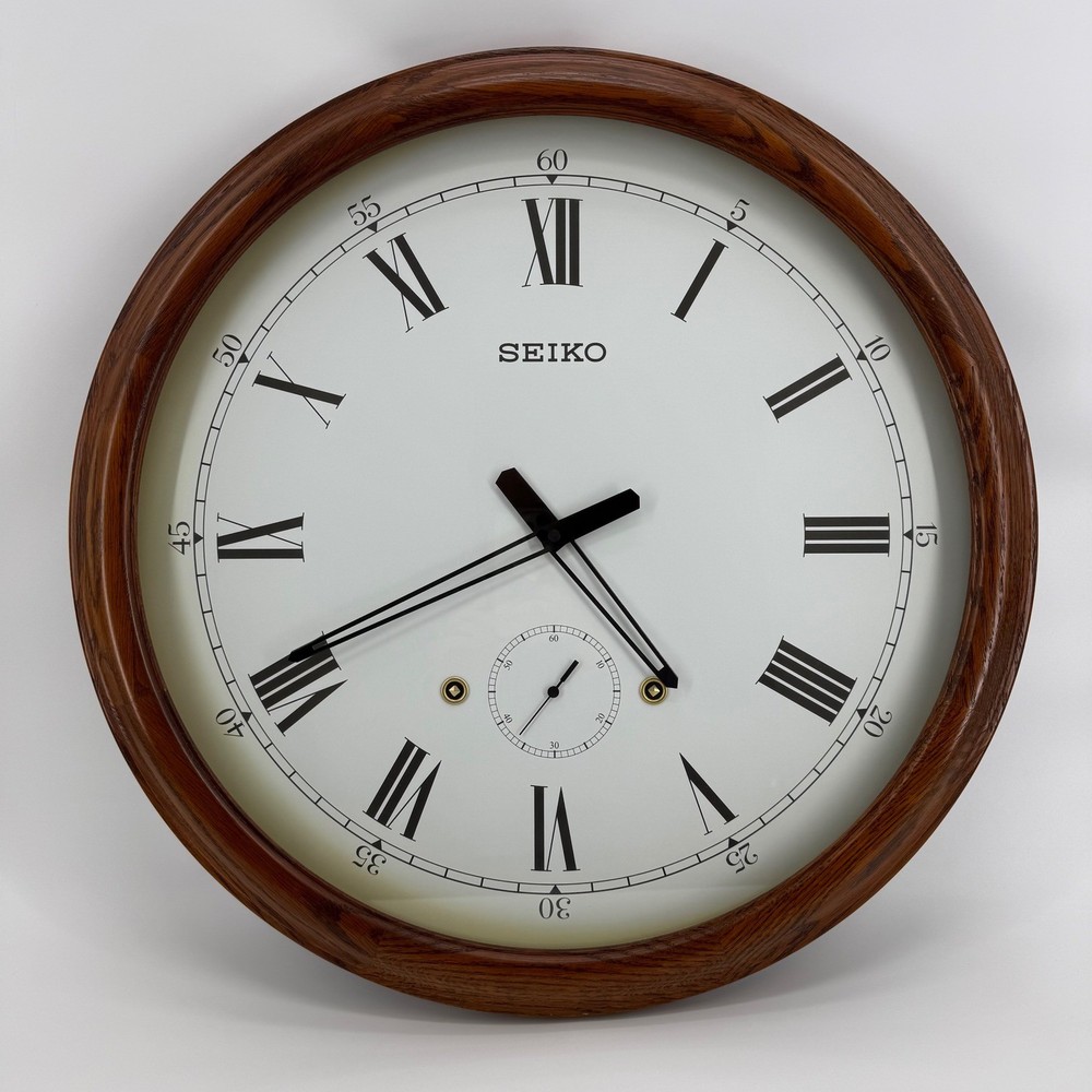 Seiko Oak Roman Numeral Wall Clock Double Dial Wood Frame 24 in Vintage Quartz