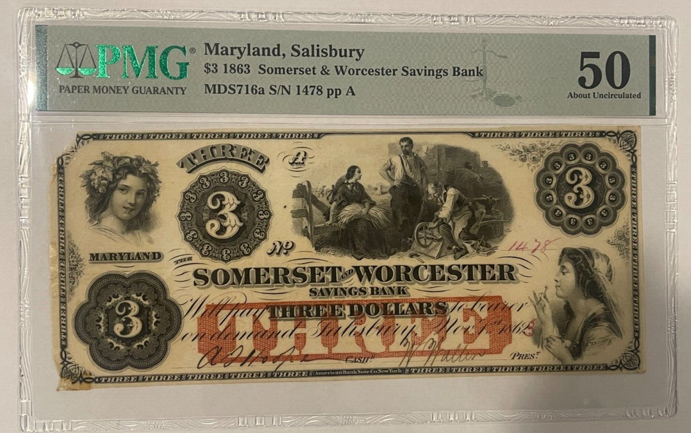 1863 $3 MARYLAND, SALISBURY SOMERSET & WORCESTER SAVINGS BANK - AU-50 - PMG