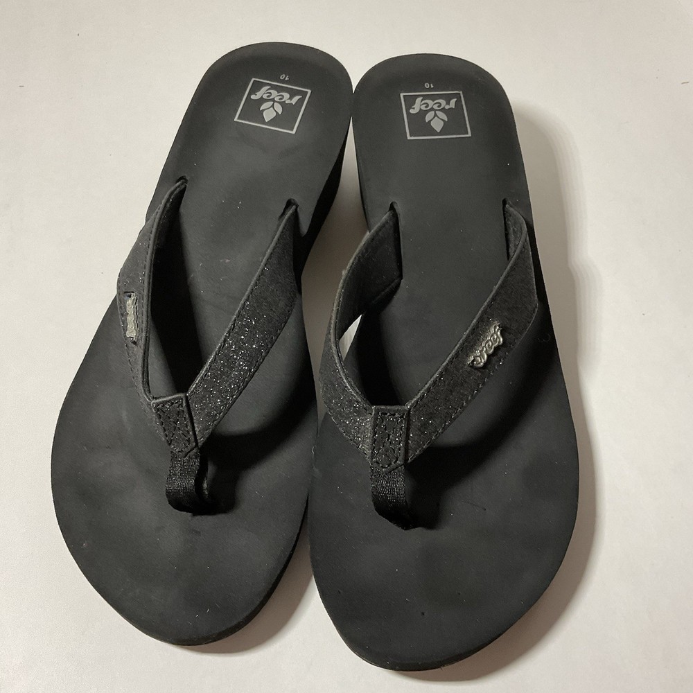 REEF Womens Black Sparkle Wedge Slip On Thong Sandals Shoes 10