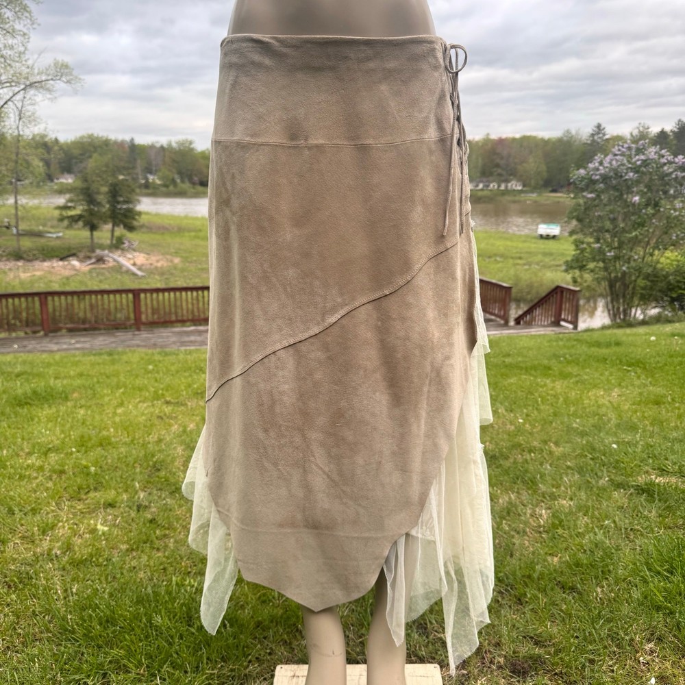 Vtg Suede Leather Lace Asymmetrical Wrap Skirt Lagenlook Boho Hippie Festival 12
