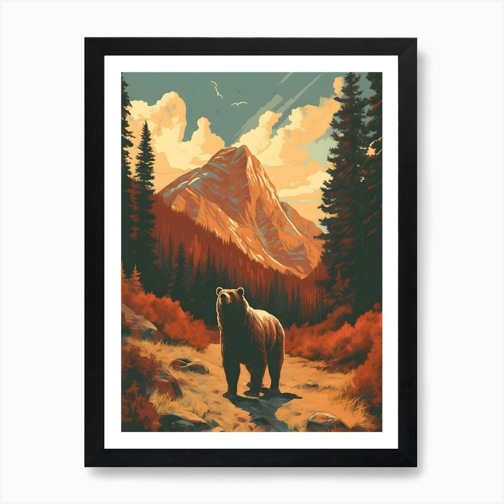 Grizzly Bear Mountain Forest Framed Wall Art Canvas Print Poster