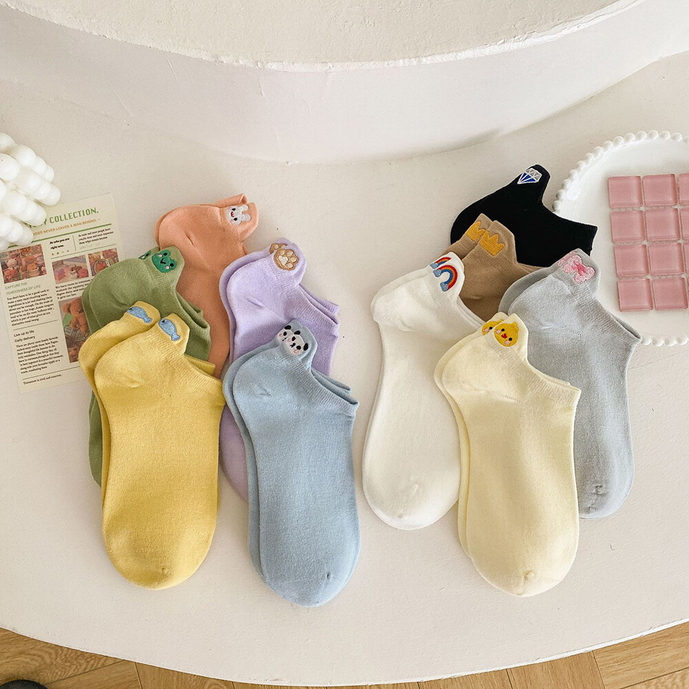 Women Socks Kawaii Cute Funny Frog Panda Rabbit Rainbow Embroidery Animal  wi