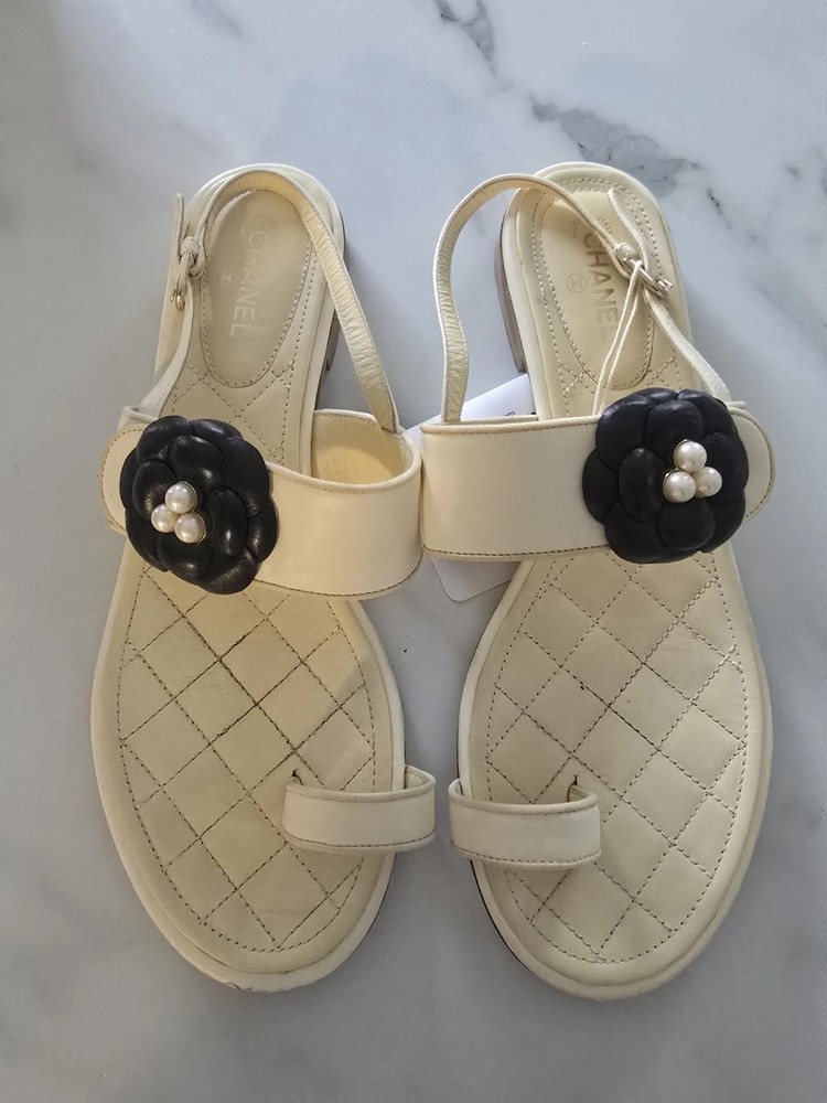 Chanel Camellia Cream Slingback Sandals 39 8